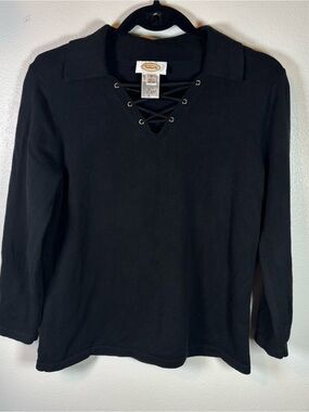 Talbots Black Lace-Up Collared Long Sleeve Knit Top